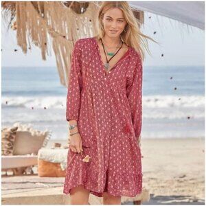 Scandal Italy X Sundance Ordell Pink/Gold Boho Tiered V-Neck Tassel Tie Dress XL